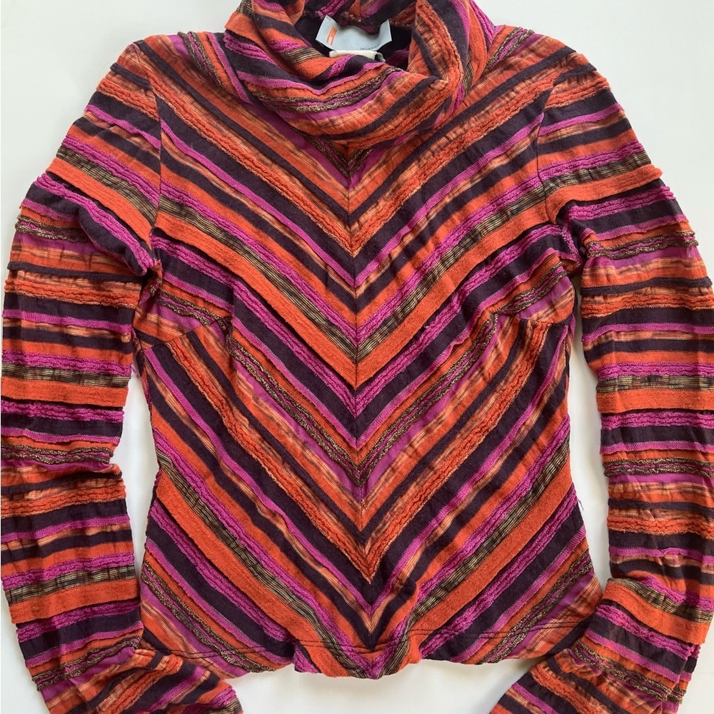 Vintage Missoni 1980s Stripe Sleeve Knit Turtleneck Sweater Top Pink Orange XS